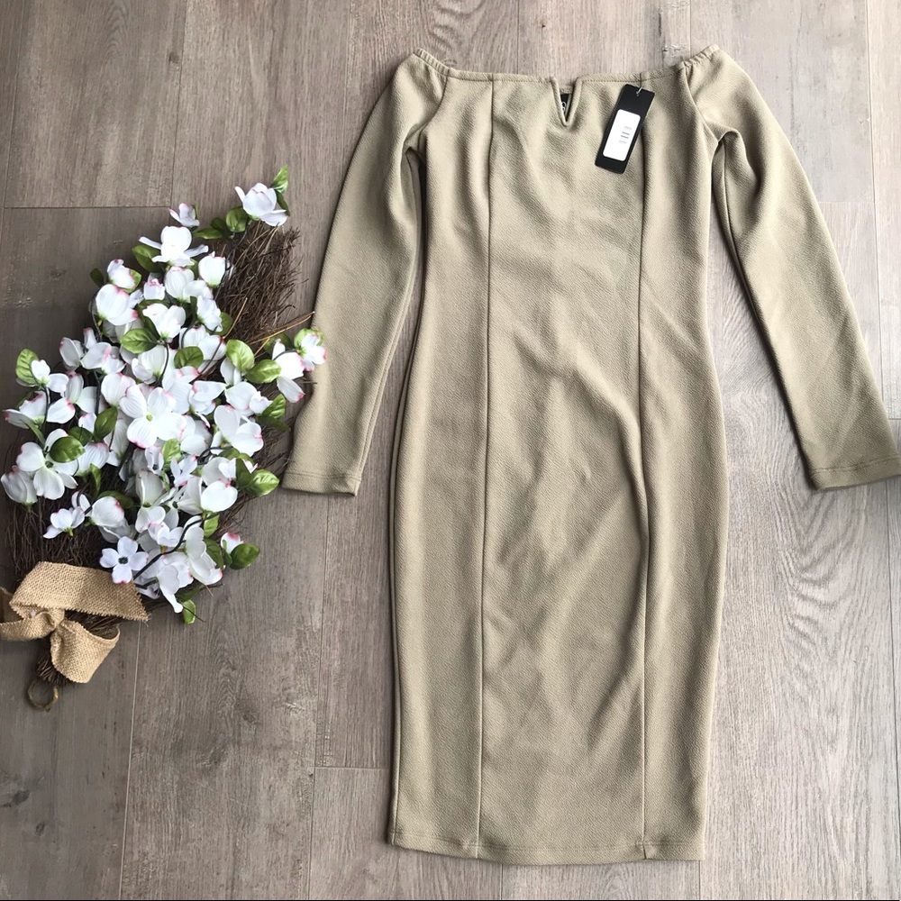 Long sleeve off the shoulder midi beige dress NWT